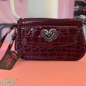 Chic Burgundy Croc-Embossed Wristlet with Heart Detail
